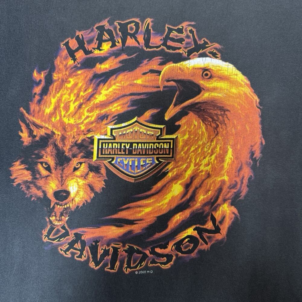Harley Davidson Motorcycle VTG Black T Shirt Mens Large Y2K Bald Eagle Wolf Fire
